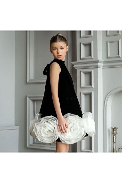 Laviella Kids Couture Kız Çocuk Çiçek Detaylı Siyah Elbise