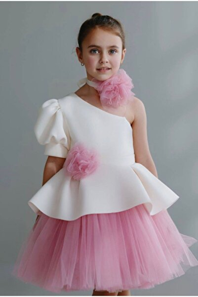 Laviella Kids Couture Kız Çocuk Beyaz Renk Pembe Tül Detaylı Elbise