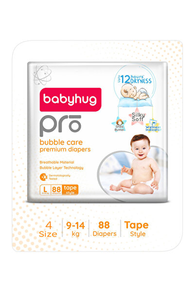 Babyhug حفاضات برو بابل كير بريميوم ذات الشريط اللاصق، مقاس 4، كبير - 88 قطعة