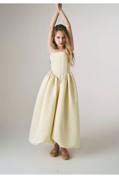 Laviella Kids Couture Kız Çocuk Açık Sarı Renk Kare Yaka Balon Etekli Uzun El...