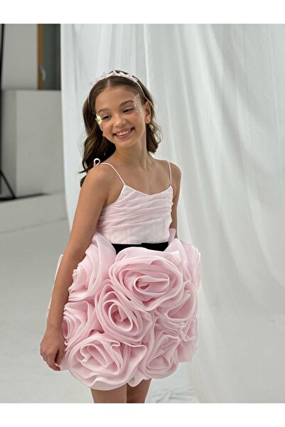 Laviella Kids Couture Kız Çocuk Tasarım Gül Detaylı Pembe Elbise