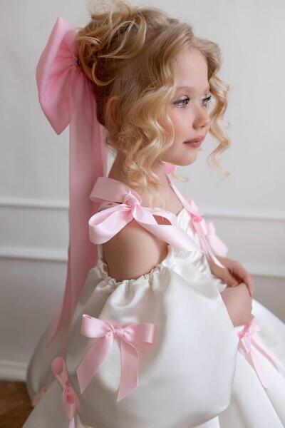 Laviella Kids Couture Kız Çocuk Ekru Renk Fiyonk Detaylı Kısa Elbise