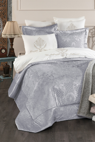 NAKIŞHAN Liza Double Dowry Bed Sleeping Set Package-Gray 10 Pieces