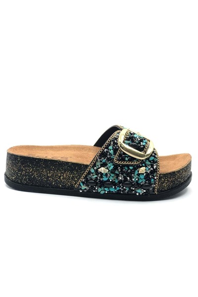 KOCAMANLAR Feles Single Buckle Cork Sole Stone Detailed Women's Slippers Black