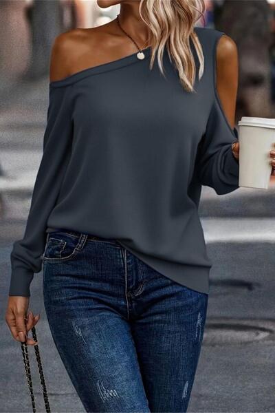 Mossta One Shoulder Decolleté Long Sleeve Viscose Two Thread Blouse - Gray