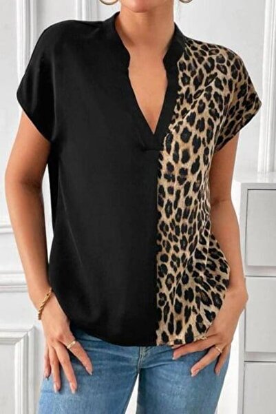 Mossta V-Neck Leopard Patterned Moscrepe Fabric Blouse - Black
