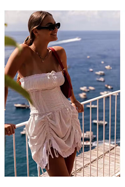 FASHION COCKTAIL Çift Büzgülü Designer Japon Harajuku Street Tarzı Şirin Straples Mini Bohem Elbise