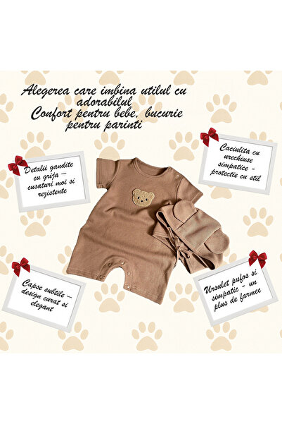 OEM Body bebelusi model ursulet, cu caciulita cu urechi, 3-6 luni (66 cm), 95% bumbac 5% spandex, maro
