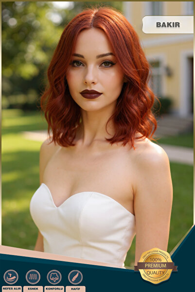 KONAK PERUK Fiber Sentetik Kısa Dalgalı Perçemsiz Peruk - Bakır