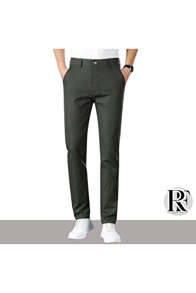 DURNES Khaki Green Men's Regular Fit Cotton Flexible Linen Trousers 4 Seasons