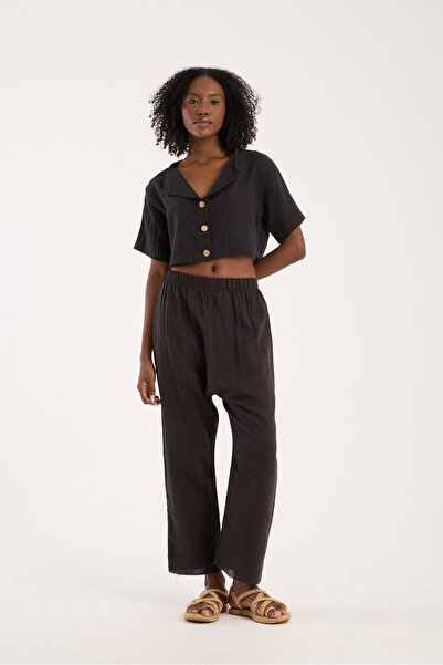 Siyah Müslin %100 Pamuk Şalvar Pantolon Kadın Günlük Bohem Tarz Rahat
