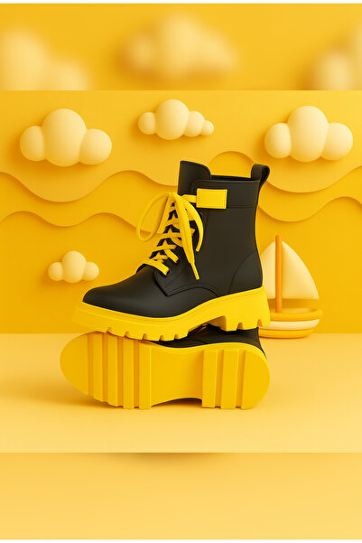 Zilvana Sarı Siyah Sıcak Tutan Astarlı Chunky Kaymaz Rahat Taban Çocuk Kışlık Bot Dayanıklı Rahat