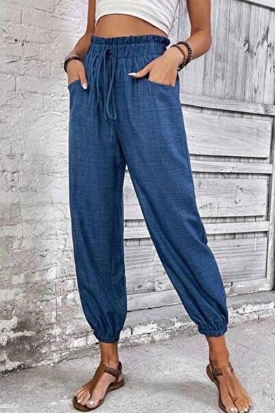 Mossta High Waist Pocket Detailed Sofia Linen Trousers - Blue