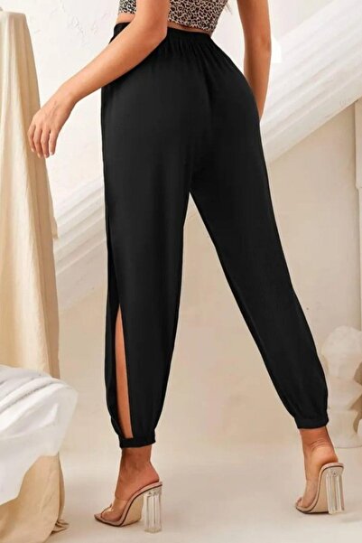 Mossta High Waist Slit Detailed Viscose Trousers - Black