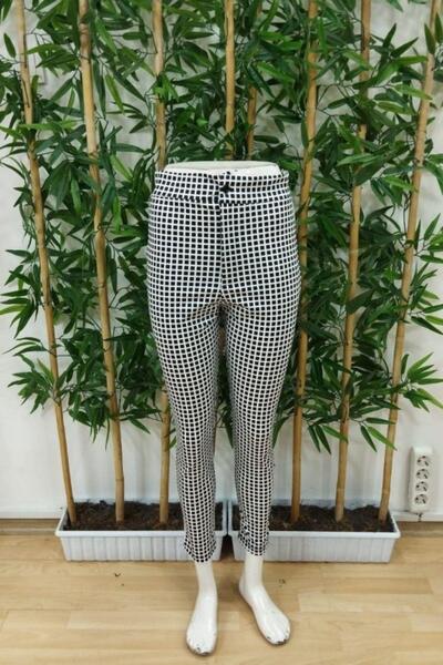 Mossta Yüksek Bel Ekose Desenli Dar Paça Dalgıç Pantolon - Siyah