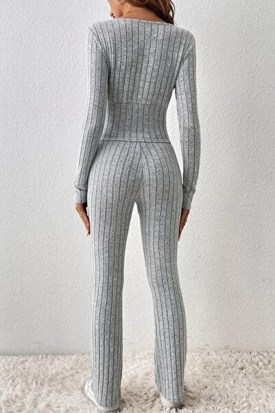 Mossta Long Sleeve Embellished Camisole Double Set - Gray