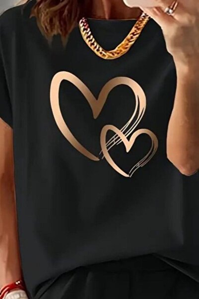 Mossta Short Sleeve Heart Printed Blouse Shorts Two Piece Set - Black