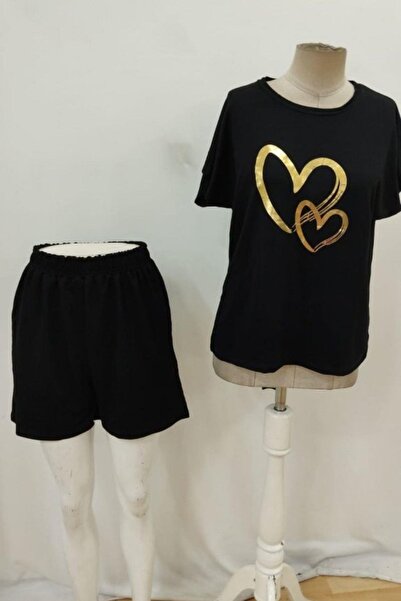 Mossta Short Sleeve Heart Printed Blouse Shorts Two Piece Set - Black