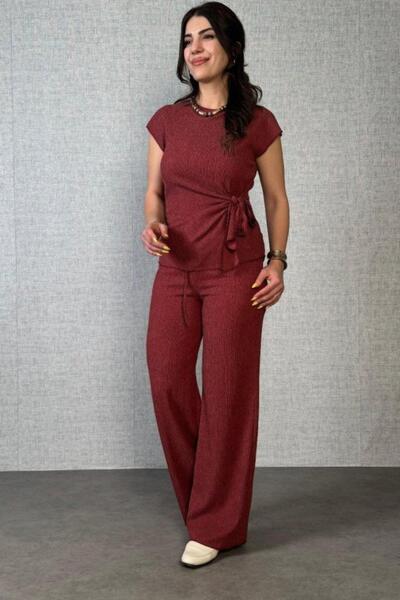 Mossta Short Sleeve Tie-Waist Double Set - Burgundy