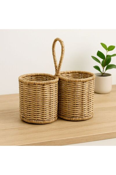 YzHome 2 Bölmeli Hasır Rattan Kaşıklık Organizer Düzenleyici Masa Tezgah Üstü