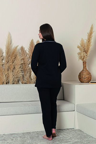 Line Smart Women's 100% Organic Cotton Natural Shirt Collar Buttoned Long Sleeve Piping Pajama Set