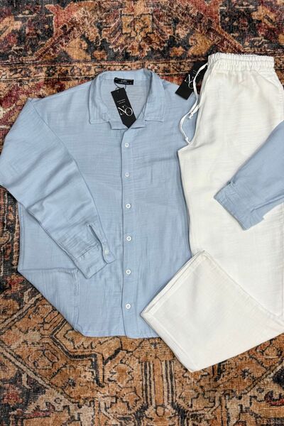 NO 601 Erkek Bebe Mavi Müslin Gömlek & Beyaz Müslin Keten Pantalon Takım