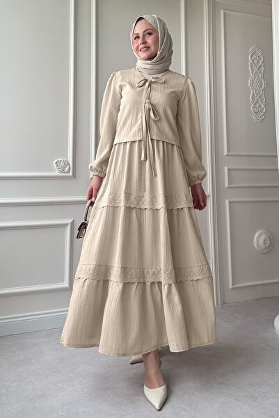 InStyle Σετ Crepe Beige με Κορδέλα Δαντέλα Λεπτομέρεια Φούστα