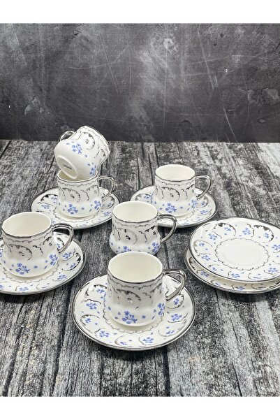 YzHome 6 Kişilik 12 Parça Beyaz Porselen Gümüş Kahve Fincan Takımı Seti 90ml