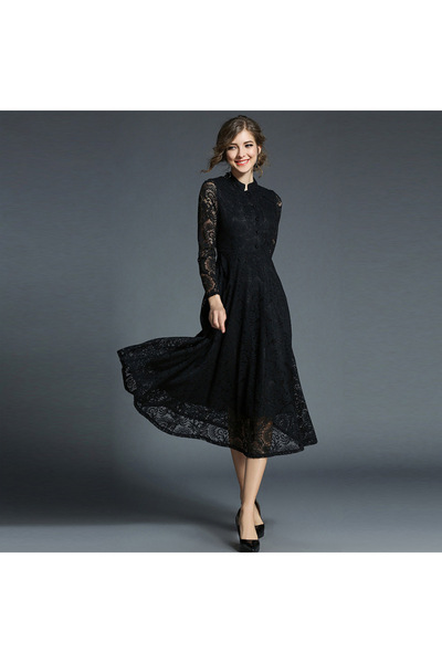 Generic Women's Evening Dress Lace Long Sleeve A-line Knee-length Maxi Dress, Banquet Party Dress