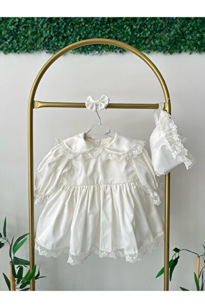 Hobidik Bebe Yaka Kırık Beyaz Güpür Dantel Saten Elbise Set