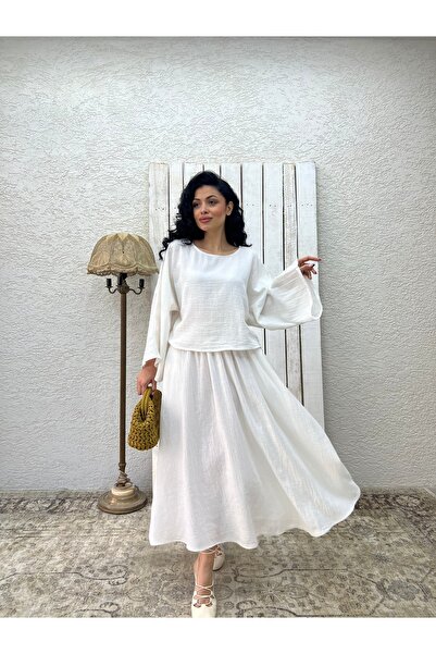 KÜÇÜĞÜM BUTİK White Muslin Loose Blouse and Flared Skirt Set (Set of 2)