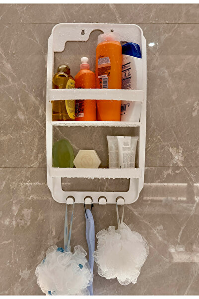 Saban Banyo Rafı Duvara Monte Plastik 3 Katlı Raf Organizer – Askılıklı, Beyaz