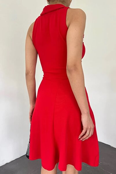 WOMAN VISION Women's Shirt Collar Ottoman Design Stretchy Fabric Sleeveless Red Dress 5060