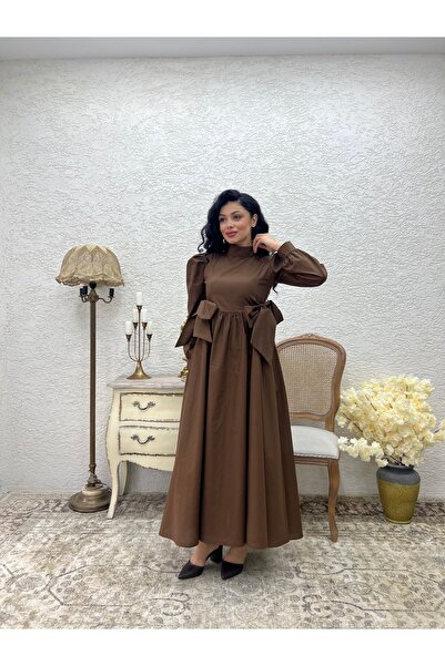 KÜÇÜĞÜM BUTİK Φόρεμα με φιόγκο στο πλάι, μακρύ, φουσκωτό από ποπλίνα, χρώμα χαρτσίνι