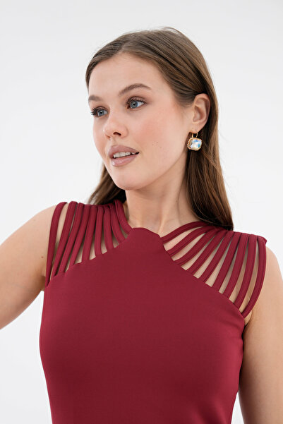 bayansepeti Flexible Scuba Diver Fabric Pencil Cutout Collar Ribbed Back Slit Burgundy Midi Dress 2387