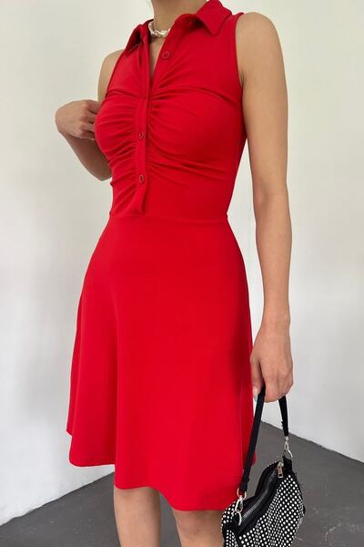 vuvutasarım Flexible Fabric Shirt Collar Ottoman Design Sleeveless Red Dress 5060