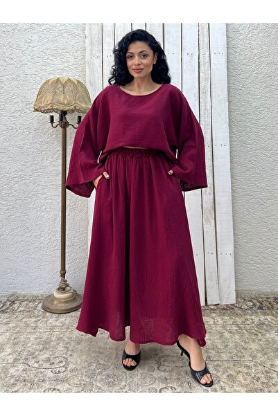KÜÇÜĞÜM BUTİK Burgundy Muslin Casual Blouse and Flared Skirt Set (Set of 2)