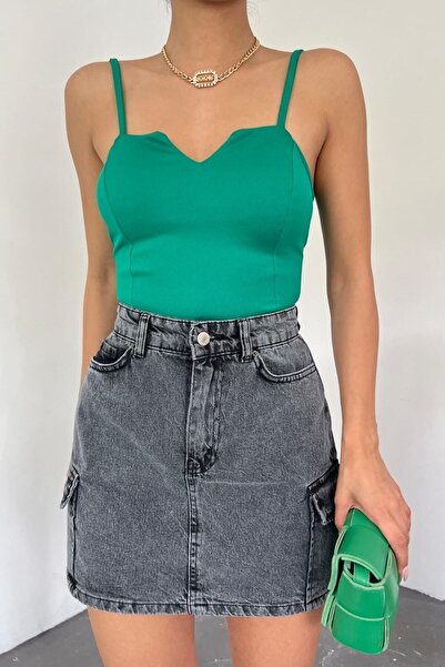 bayansepeti Μπλούζα πράσινη πλεκτή κρεπ υφασμάτινη κρεμάστρα 5076