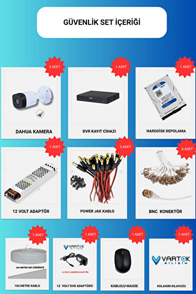 DAHUA 3 Kameralı 250GB Harddiskli 30m Gece Görüşlü Full HD Güvenlik Kamera Set Her şey dahil