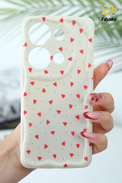 Fibaks Xiaomi Redmi Note 13 Pro 4G Kılıf Kamera Korumalı Dalga Kenarlı Kırmızı Kalp Desenli Silikon Kapak