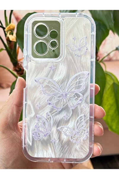 Fibaks Redmi Note 12 4g Case Plug-In Camera Protected Glossy Hologram Butterfly Pattern Shock Absorbing Silicone