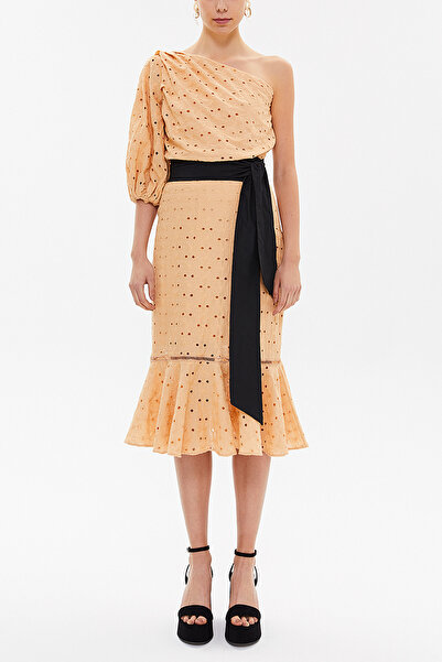 SOCIETA Bej Tek omuz balon kollu midi elbise 92771