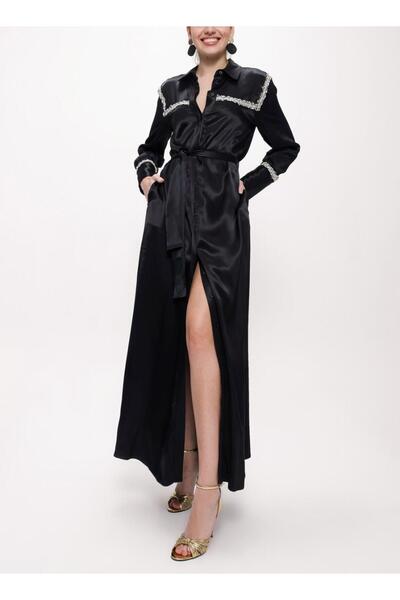 SOCIETA Siyah Şerit aksesuarlı kemerli uzun gömlek elbise 94153