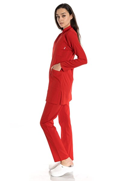 TIPMOD Likralı Kırmızı Tunik Tesettür Takım Hemşire Forması