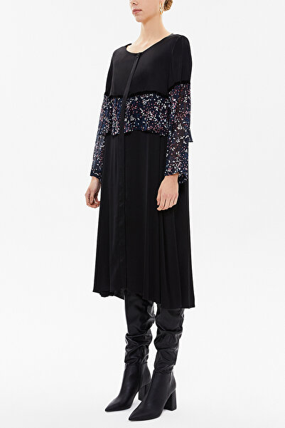 SOCIETA Black Lace and Chiffon Detailed Loose Fit Midi Dress 92482