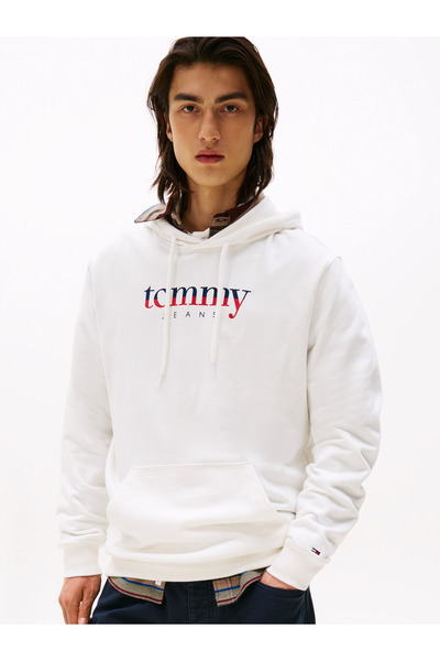 Tommy Hilfiger Erkek Marka Logolu Kapüşonlu Şık Görünüşlü Beyaz Sweatshirt DM0DM22113 YBL