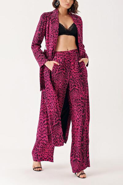 SOCIETA Leopard-Mor Uzun ceketli pantolon takım 12335