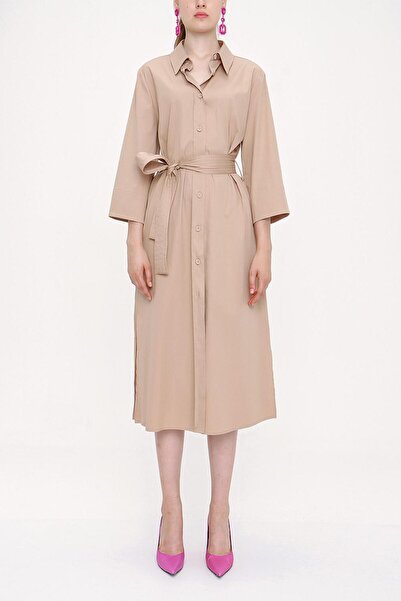 SOCIETA Bej Kemerli bol poplin elbise 93995