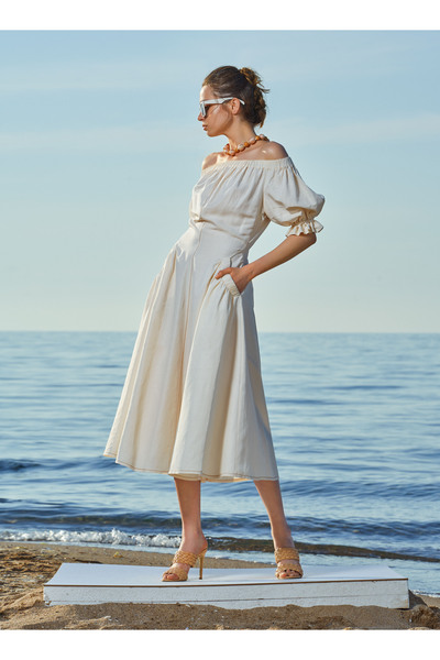 SOCIETA Ekru Düşük omuz lastikli  keten elbise 93569