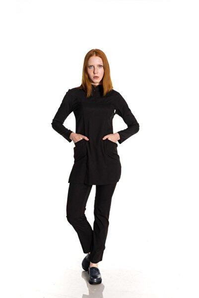 TIPMOD Likralı Siyah Tunik Tesettür Takım Hemşire Forması